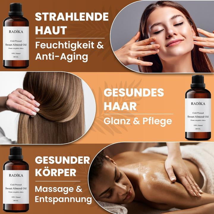 Image du produit Radika Huile d'amande douce, pressée à froid, 100% pure, BIO, naturelle, 100 ml (Huile pour le corps, 100 ml)