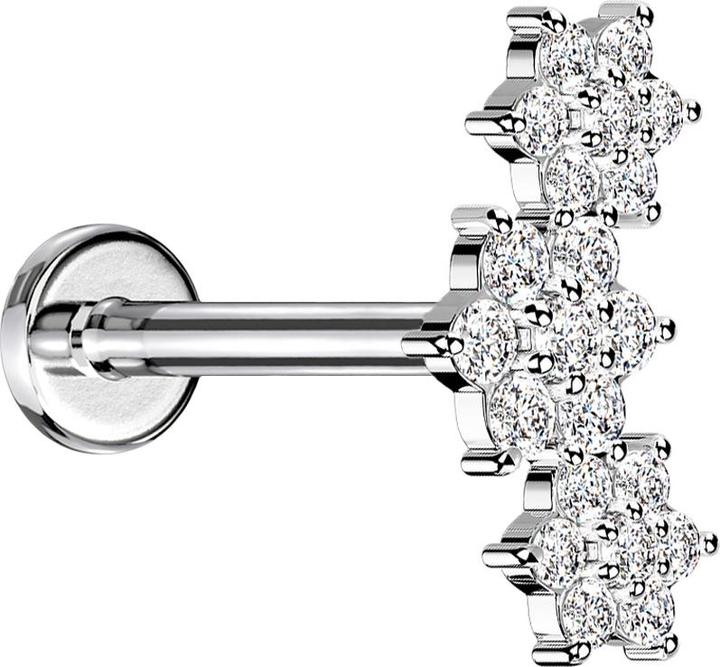Star Piercing Micro Labret Innengewinde silber drei Blumen Kristalle silber (Messing, Chirurgenstahl 316L)