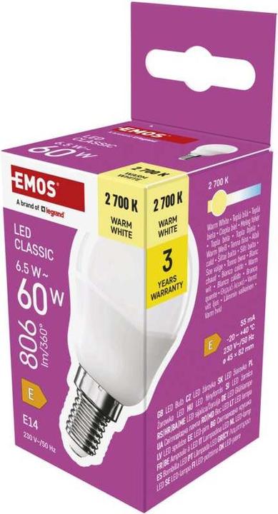 Image du produit Emos Lampe LED Classic Mini Globe / E14 / 6,5 W (60 W) / 806 lm / Blanc chaud (E14, 6.50 W, 806 lm, 1 x, E)