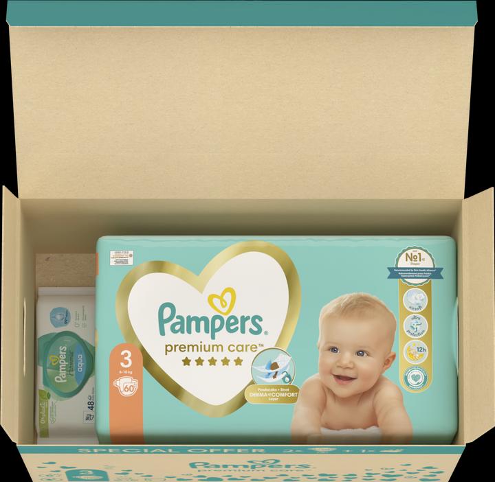 Produktbild Pampers Premium Care Suurus 3, 120 mähet + Aqua wipes 48tk (48 Stück)