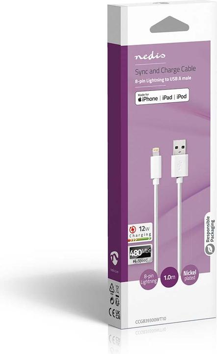 Produktbild Nedis USB A – Lightning (1 m, USB 2.0, 12 W)