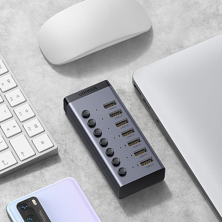 Productafbeelding Ugreen multifunctionele HUB 7in1 USB Type C - 7x USB Type A 3.0 PD DC 12V grijs (CM481) (USB-C, 8 Havens)