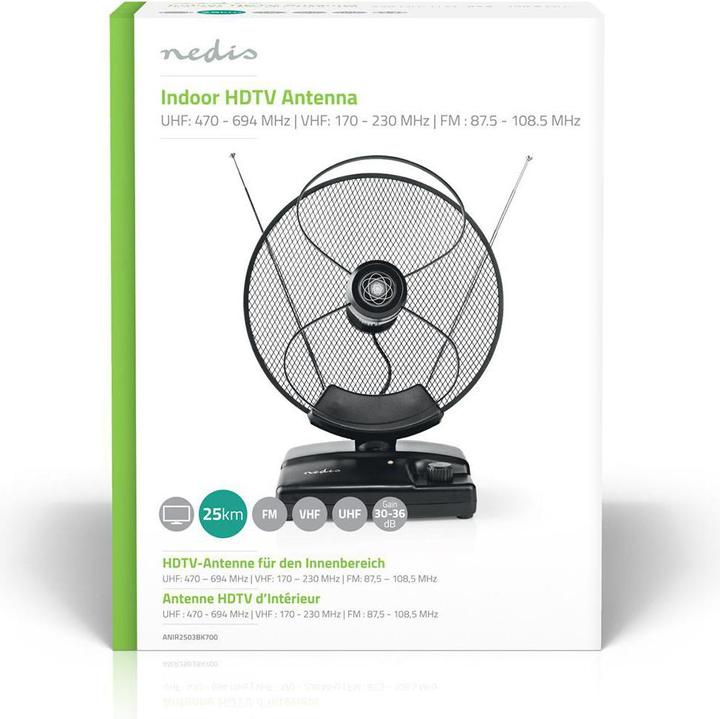 Produktbild Nedis ANIR2503BK700 - Pokojová HDTV Anténa | 0–25 km | Zesílení 30–36 dB | FM/VHF/UHF | Černá (Zimmerantenne, 36 dB, DVB-T / -T2, LTE)