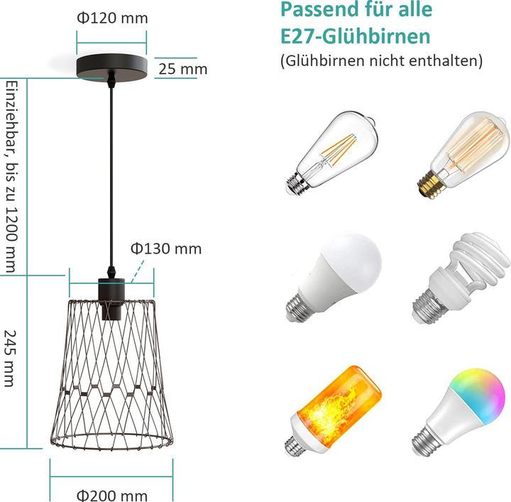 Produktbild Emke Pendelleuchte Lydia, E27 Pendellampe Retro 1 flammige Hängelampe Metallic, Schwarz (E27)