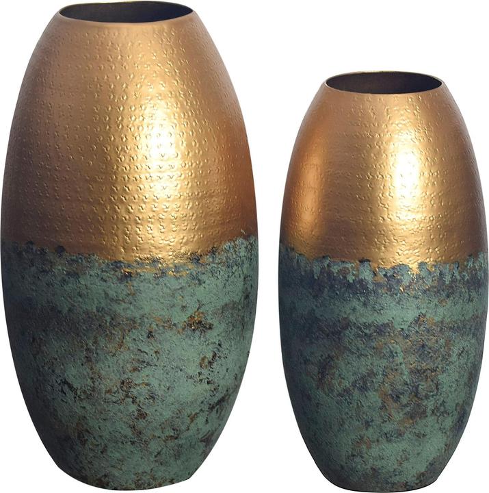 FineBuy Vase 2er Set Blumenvase Aluminium Gold Patina Tischvase Punziert Rund (2 x)