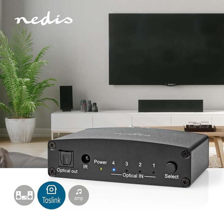 Produktbild Nedis Digital-Audio-Switch | 4-Wege | Anschlüsse – Eingang: DC Power / 4x TosLink | Anschlüsse – Aus (0.05 m)