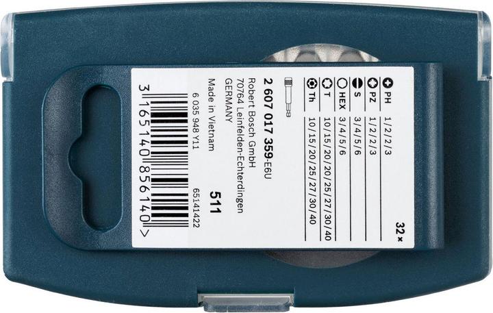 Actual product image Bosch Professional Zubehör 32-piece screwdriver bit set blue (Cross Phillips PH M1, Cross Phillips PH M2, Cross Phillips PH M3, Cross Pozidriv PZ M1, Cross Pozidriv PZ M2, Cross Pozidriv PZ M3, Hexagonal (hexagonal) M6, Screw slot M3, Screw slot M4, Hexagon socket TX M15, Hexagon socket TX M20, Hexagon socket TX M25, Hexagonal (hexagonal) M3)