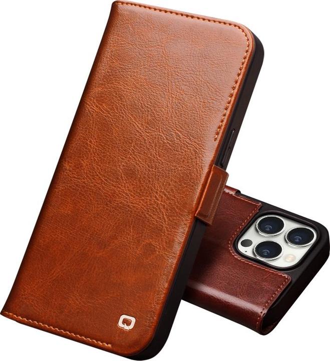 Actual product image QiAlino Flip case with magnetic clasp Light brown (Apple iPhone 14 Pro)