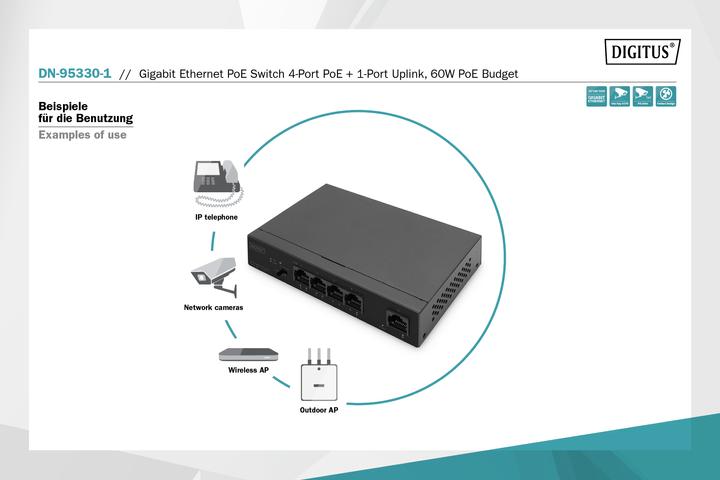 Productafbeelding Digitus Gigabit Ethernet PoE Switch 4-poorts PoE + 1-poorts uplink, 60W PoE Budget (4 Havens)