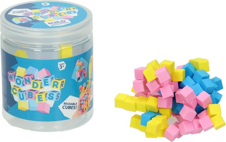 Self-adhesive reusable magic building blocks in storage box
