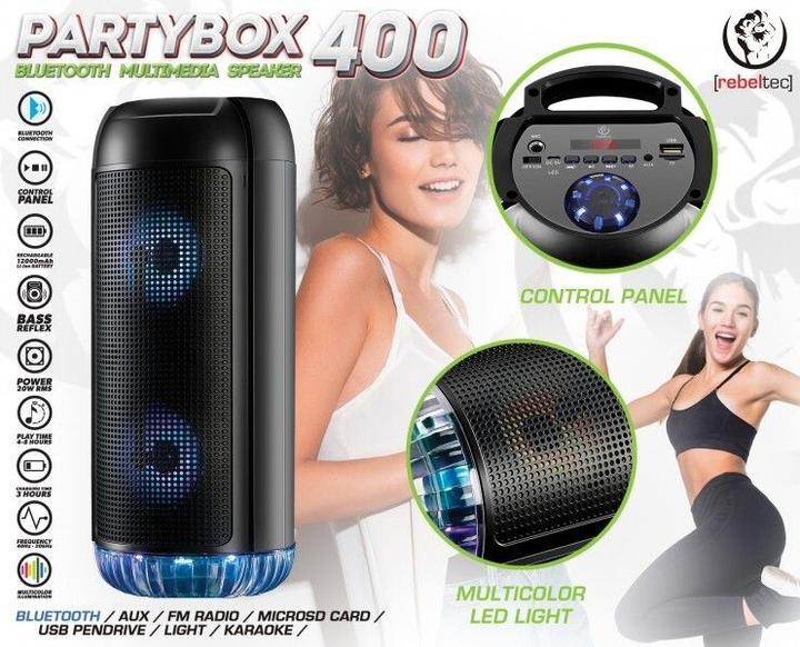 Actual product image Rebeltec Forever Bluetooth portable speaker Partybox 400 (USB, Micro SD, AUX, HF, RGB luminaire) (8 h, Rechargeable battery operated)