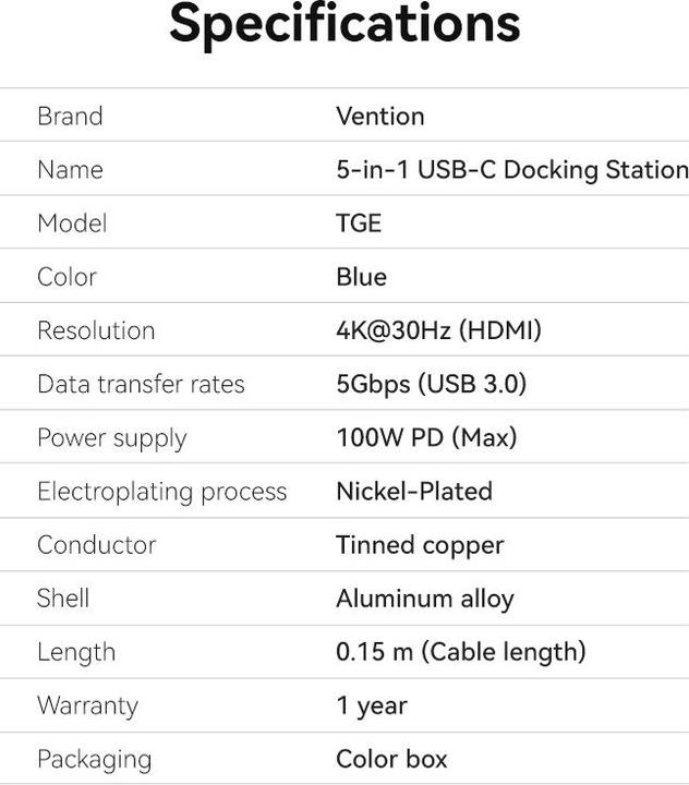 Nährwerte und Zutaten Vention USB-C to HDMI/USB 3.0 x 3/PD Docking Station 0.15M Blue Aluminum Alloy Type (USB-C)