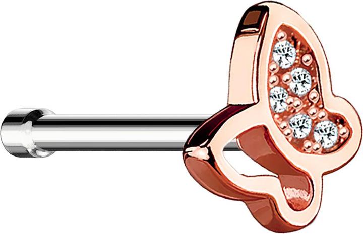 Star Piercing Nasenstecker gerade rosegold mit Schmetterling und Kristall (Messing, Chirurgenstahl 316L)