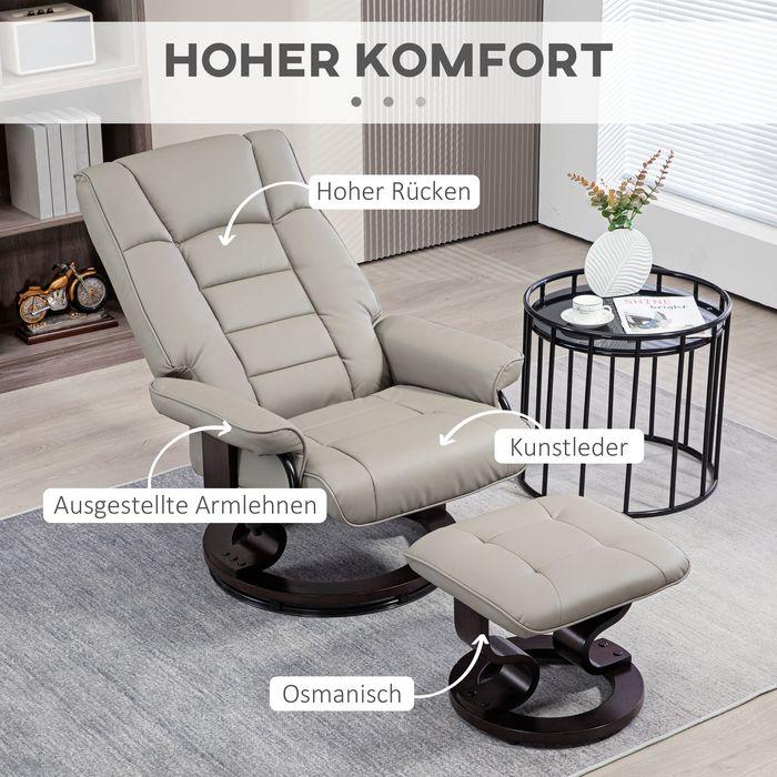 Produktbild Swisshandel24 Relaxsessel mit Hocker, 360° Drehbar, 130° neigbar, Liegefunktion, Kunstleder, Grau
