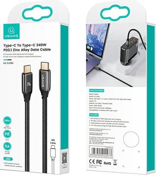 Actual product image Usams Charging Cable Type-C to Type-C - Black (2 m, USB 3.2 Gen 1, 240 W)