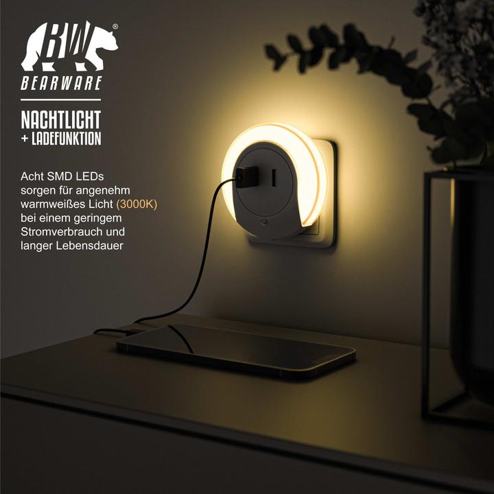 Produktbild Bearware LED Nachtlicht mit USB Ladefunktion warmweiss, Nachtlampe mit Helligkeits & Dämmerungssensor
