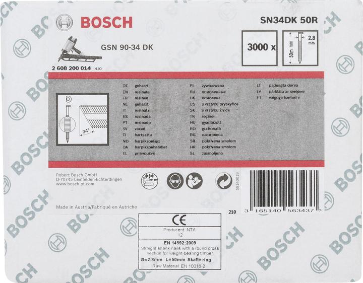 Nutritional values and ingredients Bosch Professional Zubehör D-head strip nail SN34DK 50R, 2.8 mm, 50 mm, blank, grooved
