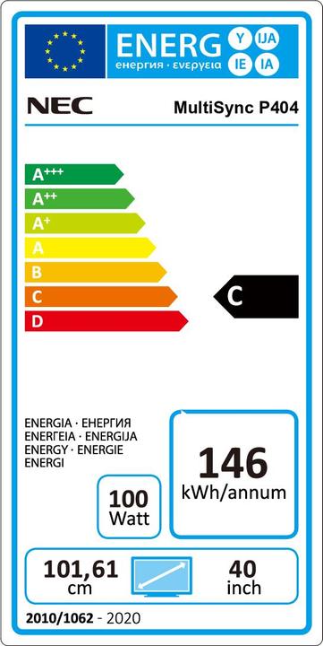 Label énergétique NEC MultiSync P404 PG (1920 x 1080 pixels, 40")