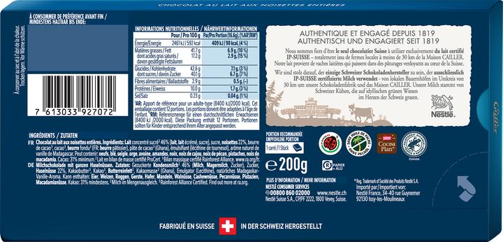 Produktbild Cailler Tafelschokolade Milch mit ganzen Haselnüssen (200 g)