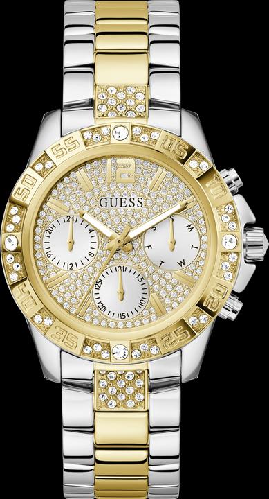 Produktbild Guess P SLV CS W/ P GLD TOP PART W/ CRYS / SUN WHT GLITZ MF DL / P SLV & GLD BRCT Armbanduhr (Uhr mit Schmuckstein, Analoguhr, 40 mm)