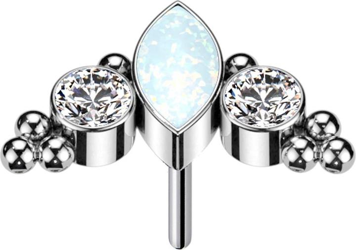 Star Piercing Threadless Ovaler Opal weiss multicolor und zwei Kristalle silber (ohne Messing, Titan G23)