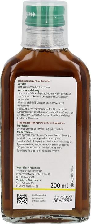 Valeurs nutritives et ingrédients Schönenberger Pomme de terre suc naturel de plantes fraîches Bio sirop (1 pièce(s), Liquide, 429 g)