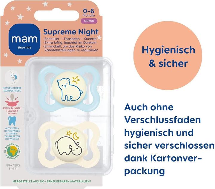 Produktbild MAM Supreme Night Silikon Schnuller, 2 Stück, 0-6 (2 x, bis 6 Monate)