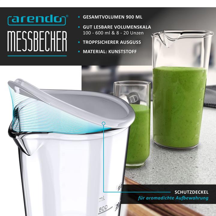 Produktbild Arendo Stabmixer 1000W & 600ml Messbecher, Edelstahl, Pürierstab, Turbotaste, Abnehmbarer Mixfuss, DC Motor