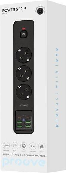 Produktbild Proove Power Strip 2m 3000W Power Socket P-03 (3xAC + 4xUSB + 2xType-C) black (9 x, USB-C, USB-A, 2 m)