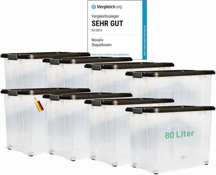 Produktbild Novaliv 8x Aufbewahrungsboxen mit Deckel Gross 80L Anthrazit nestbar stapelbar mit Clipverschluss Rol (61 x 40 x 45 cm, 80 l)