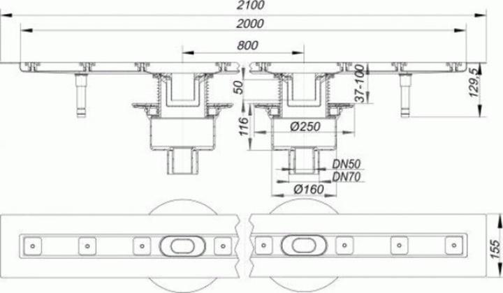 Produktbild Dallmer Duschrinne CeraLine senkrecht F 521750, 2000mm, DN 50/ DN 70 Bauhöhe 110mm (2155 mm)