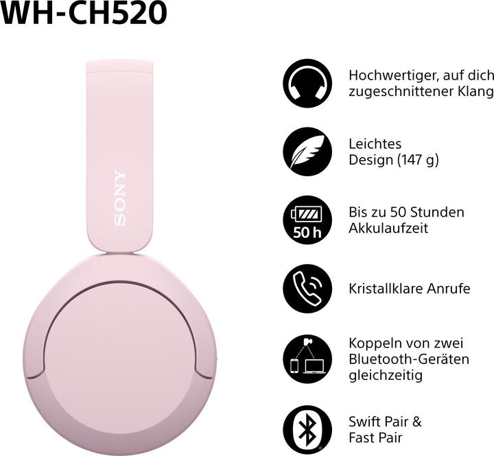 Image du produit Sony WH-CH520 (pas de réduction du bruit, 50 h, Sans fil)