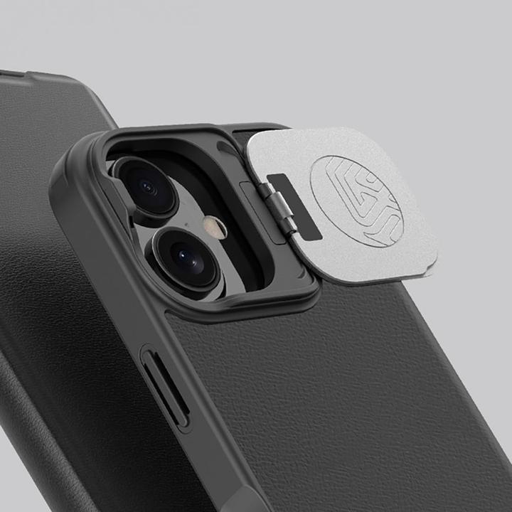 Actual product image Nillkin Qin Prop Leather Case with Camera Cover and Stand for iPhone 16 - Black (Apple iPhone 16)