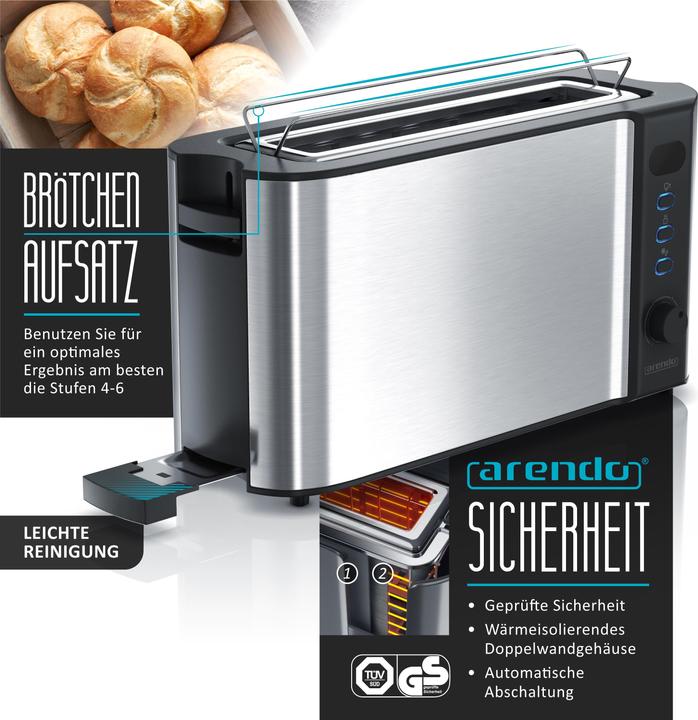 Produktbild Arendo Frühstücks Set, 2-Scheiben Langschlitz Toaster mit Brötchenaufsatz & Eierkocher für 6 Eier, Silber