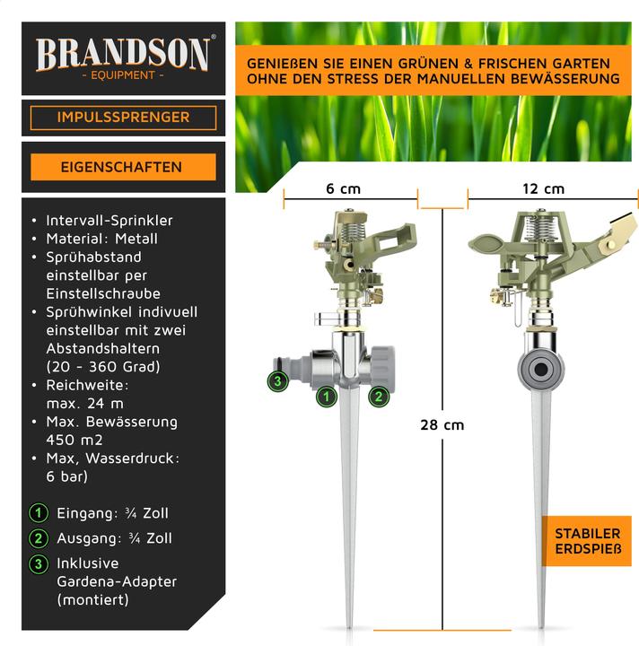 Produktbild Brandson Metall Kreisregner, Intervall-Sprinkler, Impulsregner, Rasensprenger bis 450 m², Gardena kompatibel (Impuls-, Kreis- und Sektorenregner)