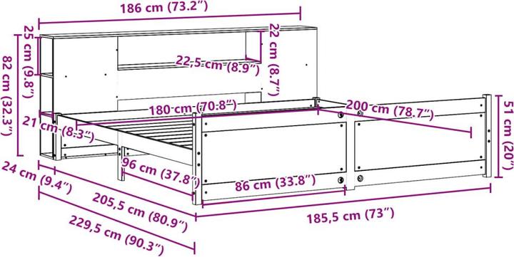 Produktbild VidaXL Massivholzbett Holzbett Bett mit Regal ohne Matratze Weiss 180x200cm (180 x 200 cm)