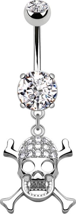 Star Piercing Banane silber mit zwei Kugeln Kristall silber Anhänger gekreuzte Knochen und Totenkopf (Messing, Chirurgenstahl 316L)