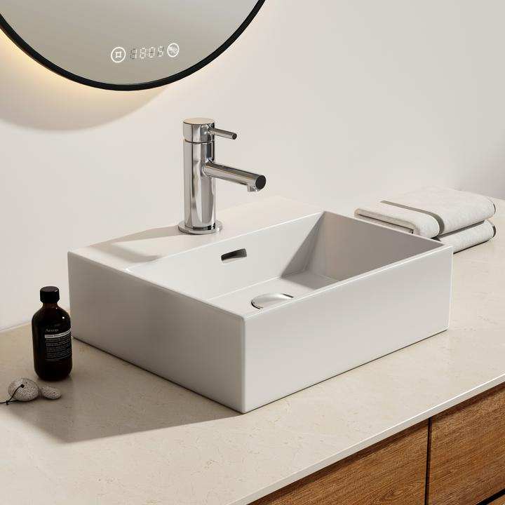 Produktbild Emke Aufsatzwaschbecken Keramik Waschbecken Eckiger Hängewaschbecken Waschtisch, Modernes Design für (415 mm, 360 mm)