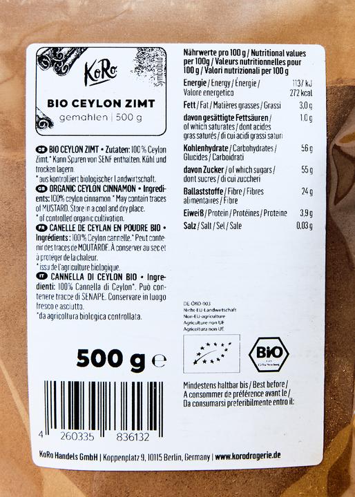 Nährwerte und Zutaten KoRo Bio Zimt (Cinnamomum Ceylanicum) aus Madagaskar (500 g)