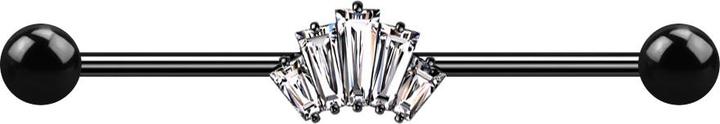 Star Piercing Barbell schwarz mit zwei Kugeln fünf Baguette Kristalle silber (Chirurgenstahl 316L, Messing)