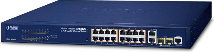 Immagine prodotto Planet 16 porte 10/100TX 802.3at PoE + 2 porte Gigabit TP/SFP (16 Porti)