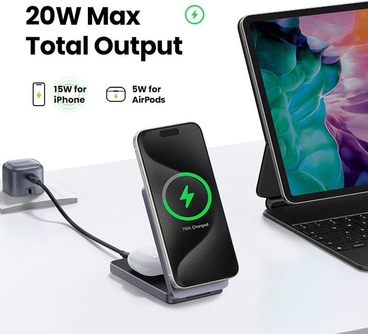 Image du produit Ugreen Chargeur sans fil Qi2 15w 2-en-1 Magsafe Fast Charging Station Grey (15 W)