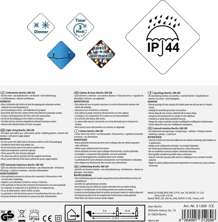 Produktbild Idena Lichterkette NewTec 200 LED warmweiss und weiss (27.90 m)