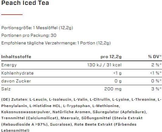 Nutritional values and ingredients Vast Total Amino EAA+ (345G can) (Peach Icetea, 1 pcs., 345 g)