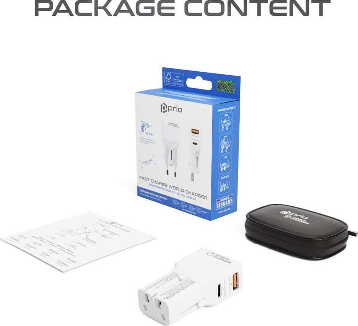 Produktbild prio Fast Charge World Reiseladegerät 25W PD PPS (USB C) + QC 3.0 (USB A) weiss (25 W)