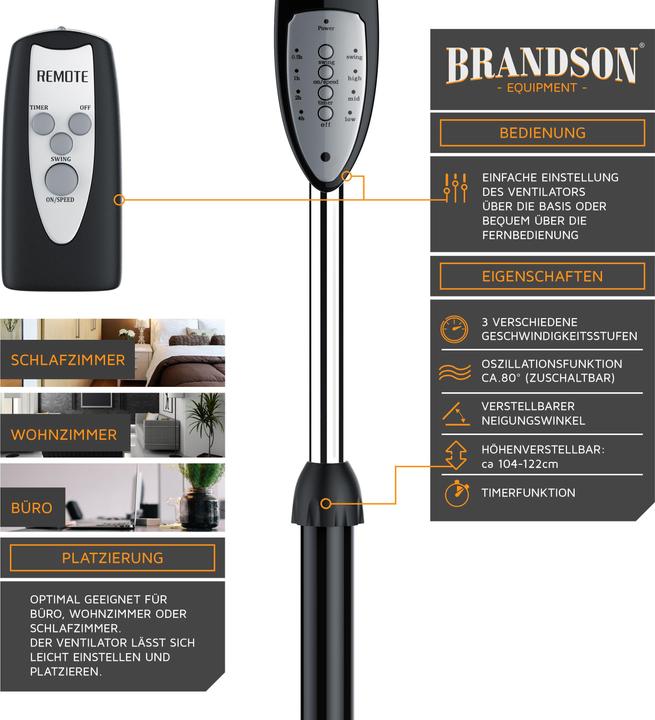 Actual product image Brandson Pedestal fan, 42 cm Ø, pedestal fan, remote control, tiltable 30°, 50W, oscillation 80°, black (57 dB)