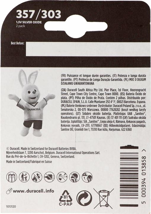 Actual product image Duracell 357, 303, V357, V303, SR44, SR44SW, Uhrenbatterie D357, 2er Blister (2 pcs., 190 mAh)