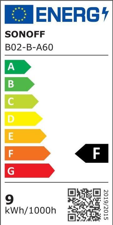 Etichetta energetica Sonoff B02-B-A60 - Lampadina Wi-Fi Smart LED (E27, 9 W, 806 lm, 1 x, F)