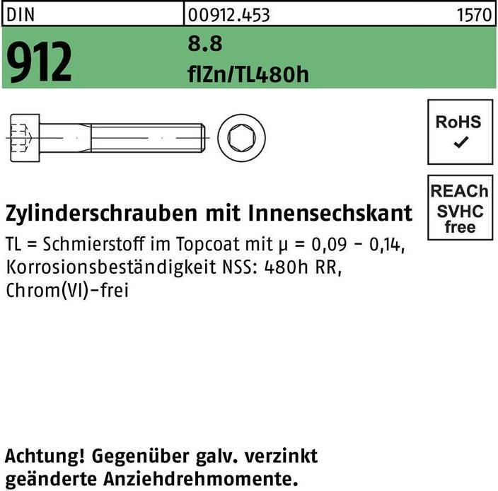 Produktbild Zylinderschraube DIN 912 m.Innensechskant M 20 x 150 8.8 zinkbesch. Gleitmittel flZnnc 480h-L (25 Schrauben pro Stück)