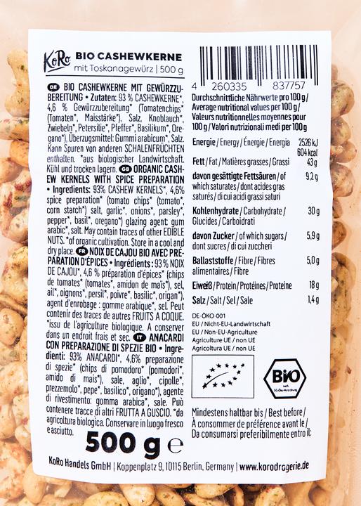 Nährwerte und Zutaten KoRo Bio Cashewkerne mit Gewürzzubereitung (500 g)